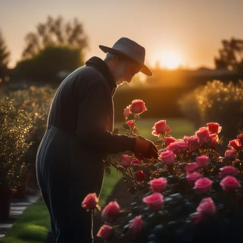 A Gardener Tending Roses In Early Morning Light, Photorealis... — SDXL AI Prompt: a gardener tending roses in early morning light, photorealistic, sunset backligh...