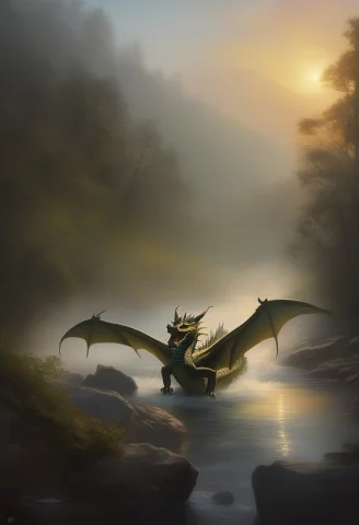 A River Dragon Rising Through Morning Fog, Expressive Brushw... — SDXL AI Prompt: a river dragon rising through morning fog, expressive brushwork, warm ambient gl...