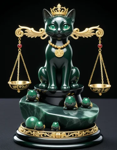 Cartoon Kittens Sitting On The Scales Of Justice Dark Green... — SDXL AI Prompt: cartoon kittens sitting on the scales of justice dark green obsidian jade style,...
