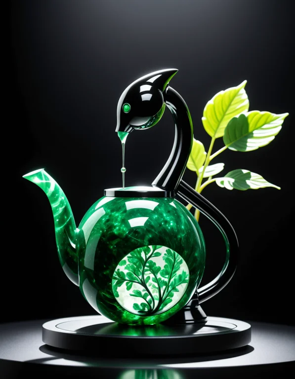 A Polished Jade And Obsidian Robot Kneels Before A Tiny Gems...