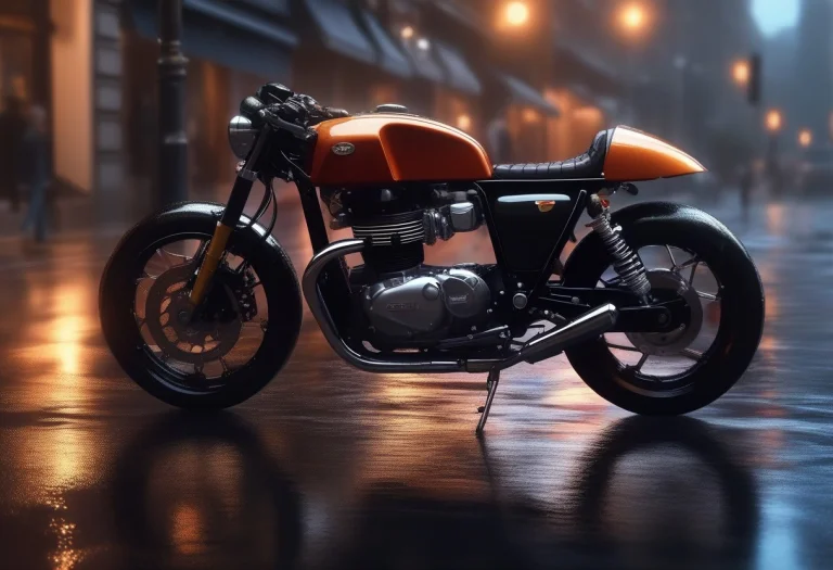 A Cafe Racer Motorcycle On A Wet City Street, Firelight, Ext...
