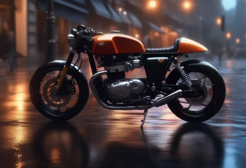 A Cafe Racer Motorcycle On A Wet City Street, Firelight, Ext... — SDXL AI Prompt: a cafe racer motorcycle on a wet city street, firelight, extreme close-up, profe...