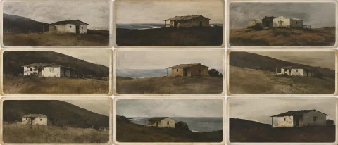 Abstract Andrew Wyeth Landscapes. Rancheria Style Houses. 9... — Stable Diffusion AI Prompt: abstract Andrew Wyeth landscapes. Rancheria style houses. 9 cartes de visite.