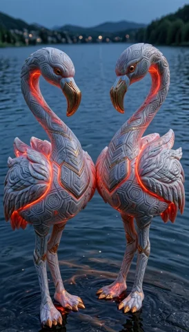 Couple Of Flammingo Made From Nvncarvingsculpturestyles On L... — SDXL AI Prompt: couple of flammingo made from nvnCarvingSculptureStyles on lake, with blue light...