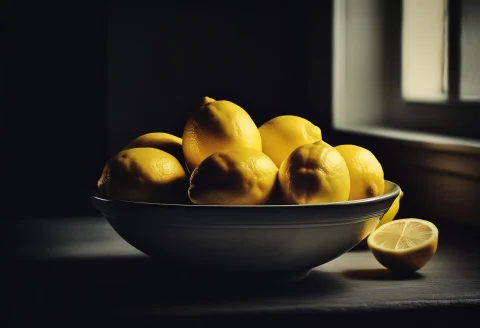 A Bowl Of Lemons Catching Low Afternoon Light, Low Key Light... — SDXL AI Prompt: a bowl of lemons catching low afternoon light, low key lighting, grainy film tex...