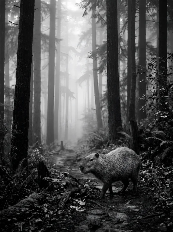 A Solitary Capybara In A Misty Forest, Black And White Cinem...