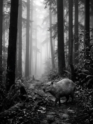 A Solitary Capybara In A Misty Forest, Black And White Cinem... — Stable Diffusion AI Prompt: A solitary capybara in a misty forest, black and white cinematic photography, la...