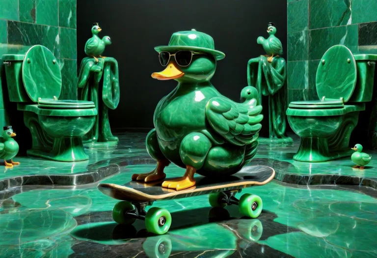 A Ruber Duck Statue Forge In Dark Polished Stone, Sitting Ov...