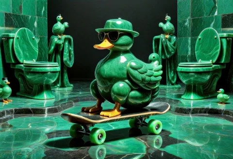 A Ruber Duck Statue Forge In Dark Polished Stone, Sitting Ov... — SDXL AI Prompt: A ruber duck statue Forge in Dark Polished Stone, sitting over a toilet blowl ma...
