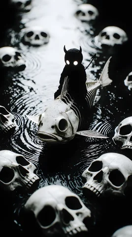 Depiction Of A Halloween Devil, Riding On The Back Of A Skel... — Stable Diffusion AI Prompt: Depiction of a halloween devil, riding on the back of a skeletal fish, swimming...