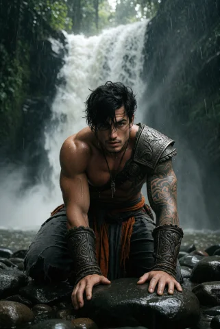Photography Of A Handsome Muscular Tattooed Guy With Messy B... — Stable Diffusion AI Prompt: Photography of a handsome muscular tattooed guy with messy black hair, crouching...