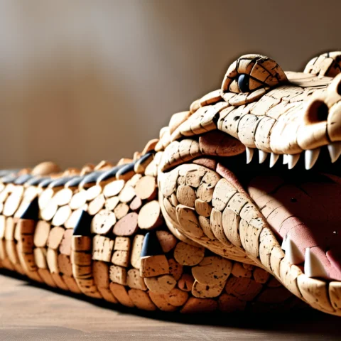 Corkworld, A Cork Crocodile Proudly Clamps A Single Wine Bot... — SDXL AI Prompt: corkworld, A cork crocodile proudly clamps a single wine bottle between its roun...