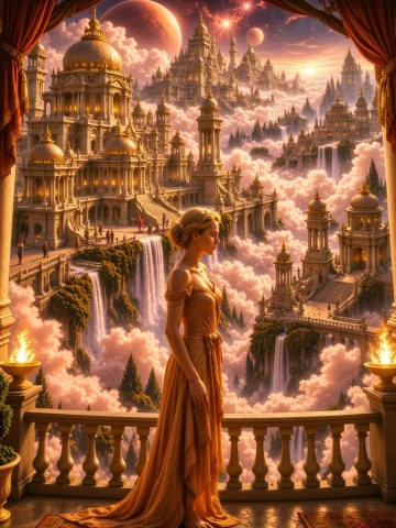 Boet, Balcony Of Eternity, Close-up A Blonde Low Up-do Haire... — Stable Diffusion AI Prompt: BOET, Balcony of eternity, close-up a blonde low up-do haired woman in ethereal...