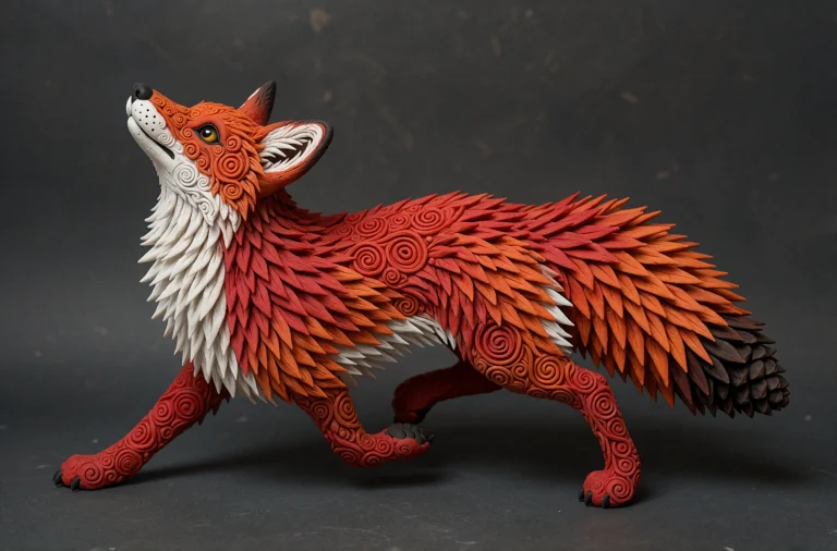 Polymer Clay Sculpture, Stylized Red Fox, Running Pose, Head...