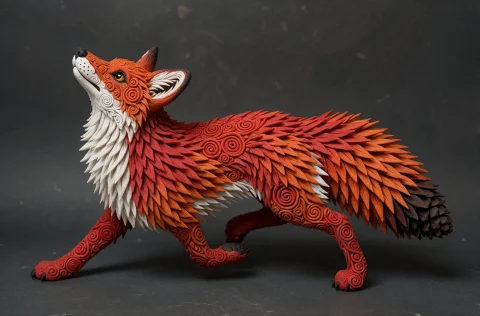 Polymer Clay Sculpture, Stylized Red Fox, Running Pose, Head... — Stable Diffusion AI Prompt: polymer clay sculpture, stylized red fox, running pose, head tilted upward, orna...