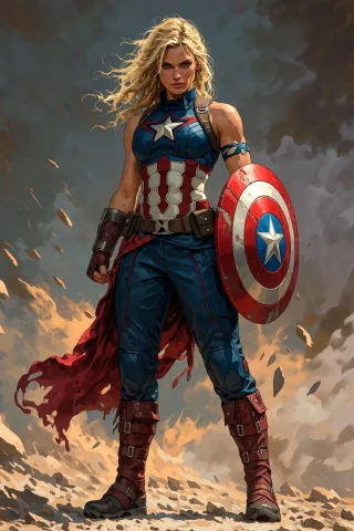 Woman, Captain America Outfit, Full Body, Battleground, Blon... — Stable Diffusion AI Prompt: woman, Captain America outfit, full body, battleground, blonde, fierce, barbaria...