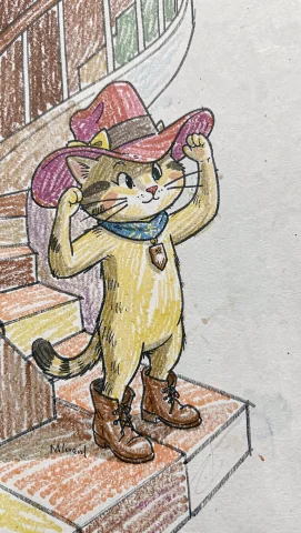Great Crayon Drawing On Craft Paper. The Edge Of The Wall An... — FLUX AI Prompt: Great crayon drawing on craft paper. The edge of the wall and the spiral stairca...