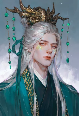 Male With Long Silver-white Hair Tied With Jade Green Ribbon... — Stable Diffusion AI Prompt: male with long silver-white hair tied with jade green ribbon, soft grey eyes wit...