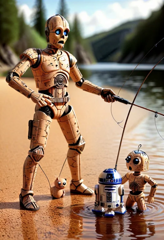 Corkworld, C-3po And R2-d2 Fishing In A Cork Lake With A Cor...