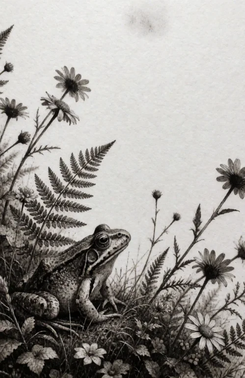 A Black Ink Illustration On Textured White Paper Depicts A F...