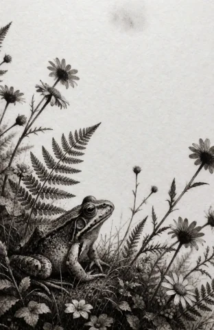A Black Ink Illustration On Textured White Paper Depicts A F... — Stable Diffusion AI Prompt: A black ink illustration on textured white paper depicts a frog partially obscur...
