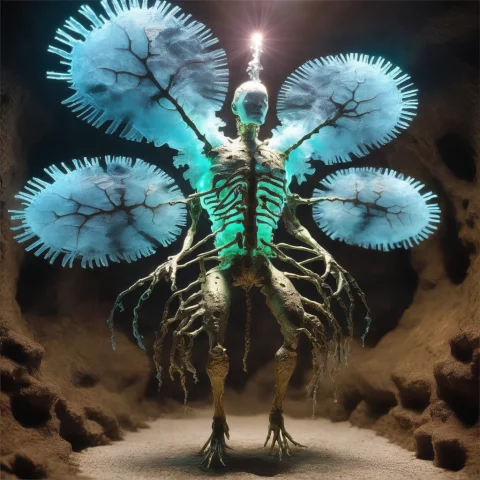 Jorganic, Shamanic Mechanical-organic Hybrid Figure, Undergr... — SDXL AI Prompt: jorganic, shamanic mechanical-organic hybrid figure, underground ice city, brass...