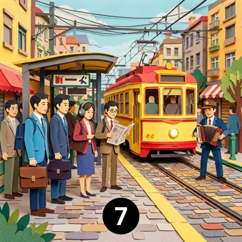 Bright 2d Paper-cut Illustration Of Adults Only Waiting For... — Stable Diffusion AI Prompt: Bright 2D paper-cut illustration of adults only waiting for a tram at a busy cit...