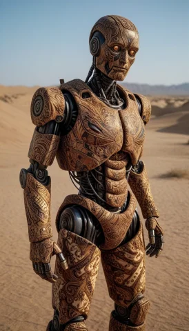 Potrait Of Robot Made From Batik Material Exposed Machine, D... — SDXL AI Prompt: potrait of robot made from batik material exposed machine, desert war, emotional...