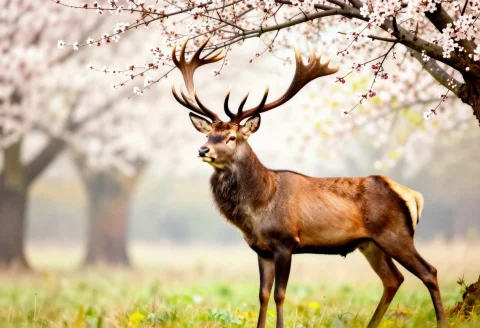 A Stag Whose Antlers Branch Into Blossoming Trees, Concept A... — Stable Diffusion AI Prompt: a stag whose antlers branch into blossoming trees, concept art, high key lightin...