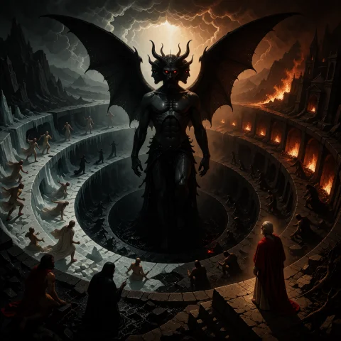 A Vast, Epic Vision Of Dantes Inferno, Based On The Divine C... — Stable Diffusion AI Prompt: A vast, epic vision of Dante's Inferno, based on the Divine Comedy and the engra...