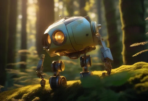 A Mech Curled Dormant In A Mossy Forest, Pixar Style 3d, Gol... — SDXL AI Prompt: a mech curled dormant in a mossy forest, pixar style 3d, golden hour light, lead...