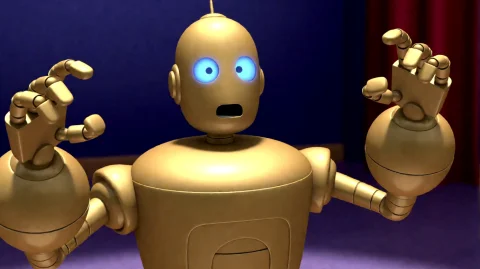 Mtrbnsns2007, A Golden, Cartoonish Robot With Blue Glowing E... — Stable Diffusion AI Prompt: mtrbnsns2007, A golden, cartoonish robot with blue glowing eyes and a surprised...