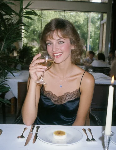 80s Photo. A Photo Of A Woman Sits At A White Table In An Up... — Stable Diffusion AI Prompt: 80s photo. a photo of A woman sits at a white table in an upscale restaurant, ho...