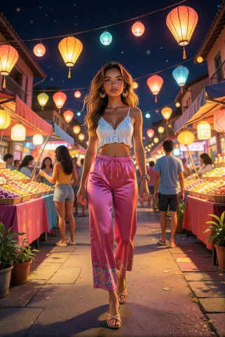 A Young Woman Walks Through A Market Of Floating Lanterns At... — Stable Diffusion AI Prompt: A young woman walks through a market of floating lanterns at night, wearing a mi...