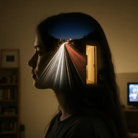 Triple Exposure Of A Teenage Girls Side Profile Silhouette A... — Stable Diffusion AI Prompt: Triple exposure of a teenage girl's side profile silhouette as the containing fo...
