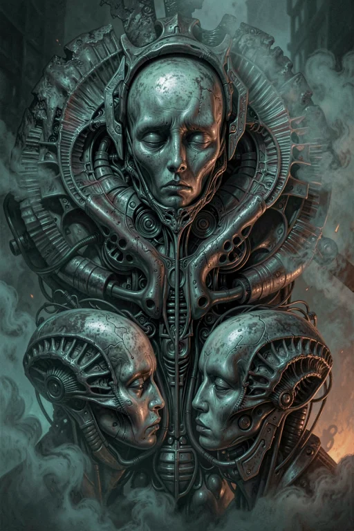 The Image Shows A Central Alien-like Head Surrounded By Mech...