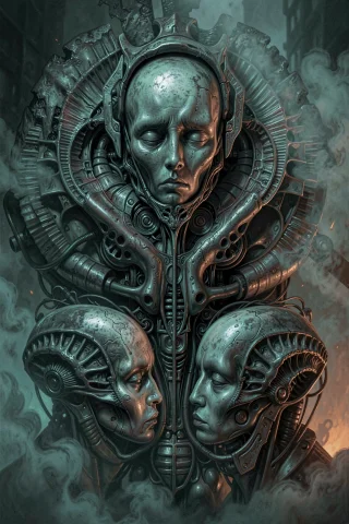 The Image Shows A Central Alien-like Head Surrounded By Mech... — FLUX AI Prompt: The image shows a central alien-like head surrounded by mechanical structures, w...