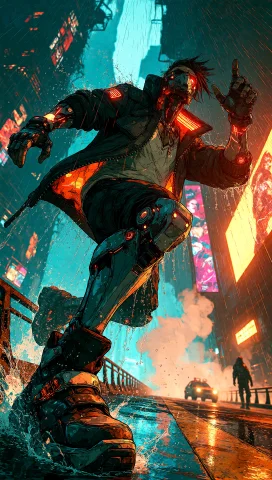 A Dynamic Three-quarter Cinematic Shot Of A Heavily Augmente... — Stable Diffusion AI Prompt: A dynamic three-quarter cinematic shot of a heavily augmented courier sprinting...