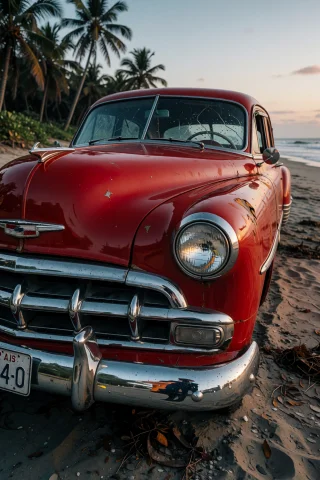 A Vintage Red Car With A Shattered Windshield And Melted Bod... — Stable Diffusion AI Prompt: A vintage red car with a shattered windshield and melted bodywork sits on a beac...