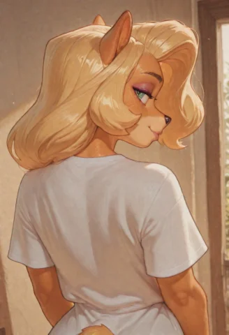 Tawna Bandicoot , Upper Body, From Behind, Oversized White T... — Stable Diffusion AI Prompt: Tawna bandicoot , upper body, from behind, oversized white t-shirt, looking back