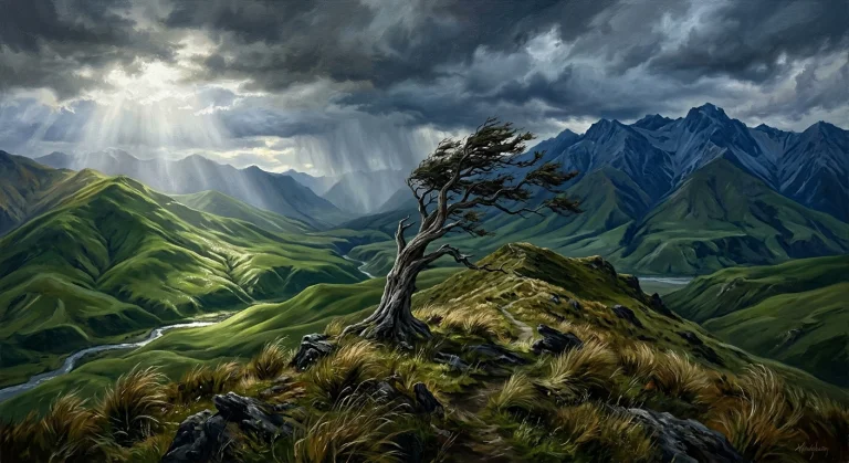 A Cinematic Painterly Landscape Of The Remote New Zealand Hi...