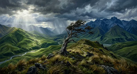 A Cinematic Painterly Landscape Of The Remote New Zealand Hi... — Stable Diffusion AI Prompt: A cinematic painterly landscape of the remote New Zealand highlands, where enorm...