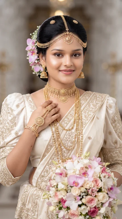 Traditional Sri Lankan Kandyan Bride Portrait in White Osaria with Gold Jewelry and Pink Orchids