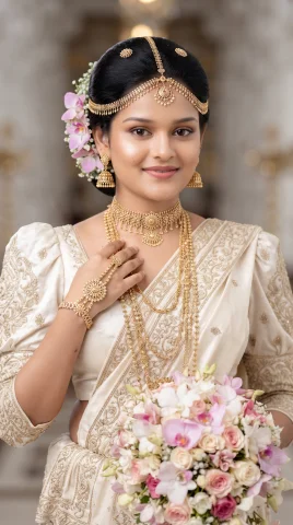 Traditional Sri Lankan Kandyan Bride Portrait in White Osaria with Gold Jewelry and Pink Orchids — Nano Banana AI Prompt: A high-end, close-up portrait of a traditional Sri Lankan bride wearing a pristi...