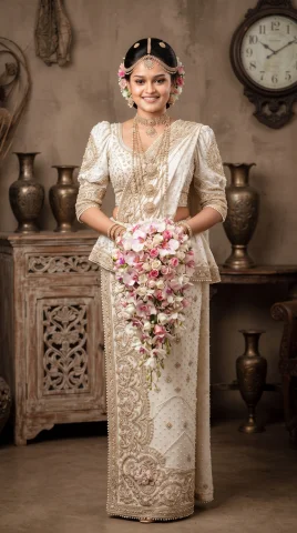 Full-Length Sri Lankan Kandyan Bride Portrait in White Osaria with Pink Orchid Bouquet — Nano Banana AI Prompt: A full-length vertical portrait of a traditional Sri Lankan bride wearing a pris...