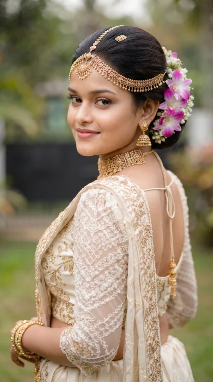 Elegant Sri Lankan Kandyan Bride Over-the-Shoulder Portrait in White Osaria with Pink Orchids