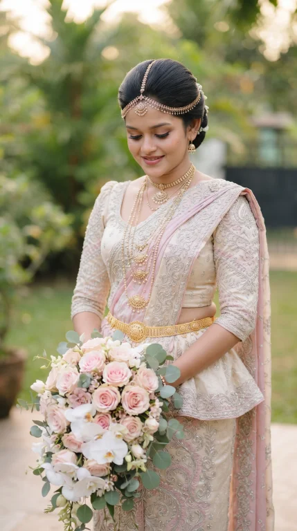 Traditional Sri Lankan Kandyan Bride Portrait in Pastel Pink Osaria with Bridal Jewelry