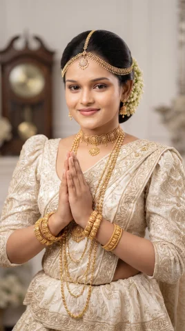 Sri Lankan Kandyan Bride Ayubowan Portrait in White Osaria with Traditional Gold Jewelry — Nano Banana AI Prompt: A close-up vertical portrait of a traditional Sri Lankan bride wearing a white a...
