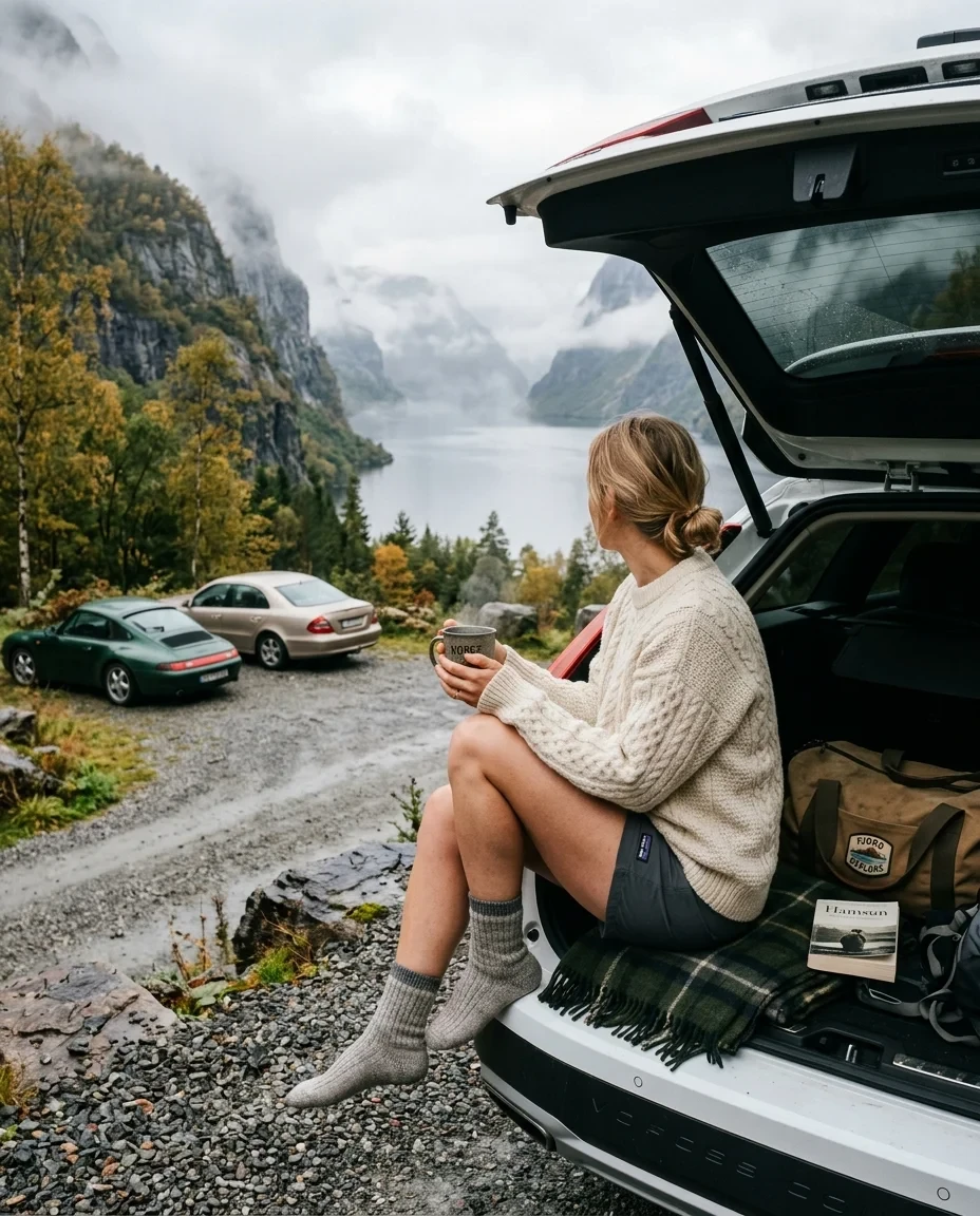 Grand Touring Cars at Misty Norwegian Fjord 5 — Nano Banana AI Prompt: Ultra-realistic lifestyle photo of a young person spending a quiet morning at a...