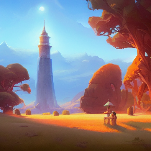 A Serene Landscape With A Tower By Ross Tran, Rhads, Tim Hil...